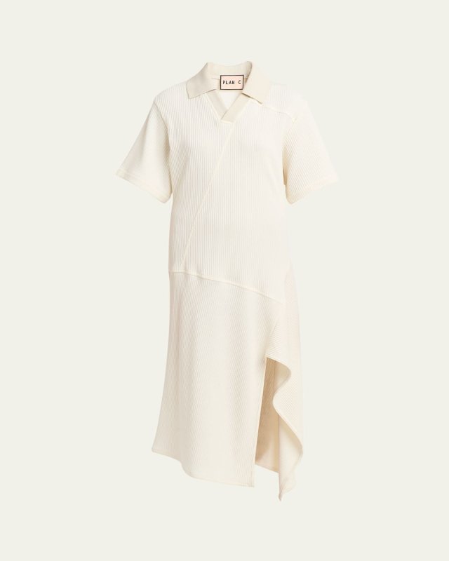 Asymmetric Ribbed Polo Midi Dress